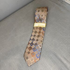 Michael Kors 100% Silk Tie NWT Tan Blue White Geometric Plaid Necktie